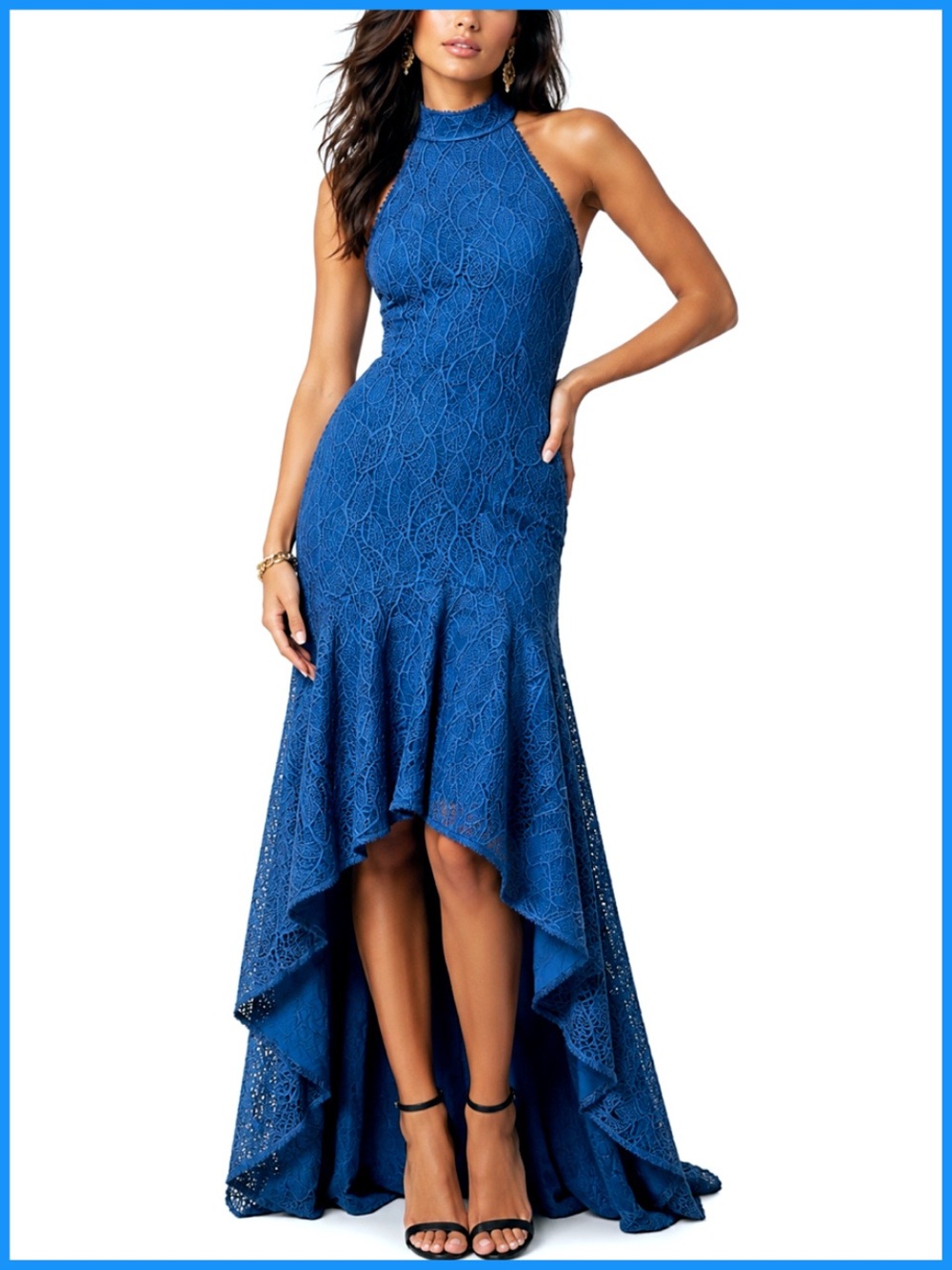Monique Lhuillier Blue EMBROIDERED Sleeveless Halter Neck High-Low Dress